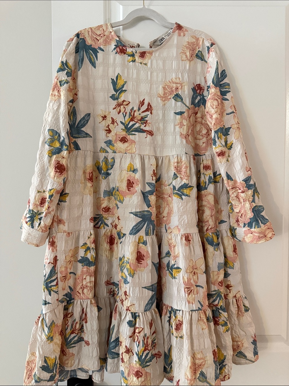 Zara Floral Tiered Long-Sleeve Women’s Dress - Cream with Multi-Color Bloom